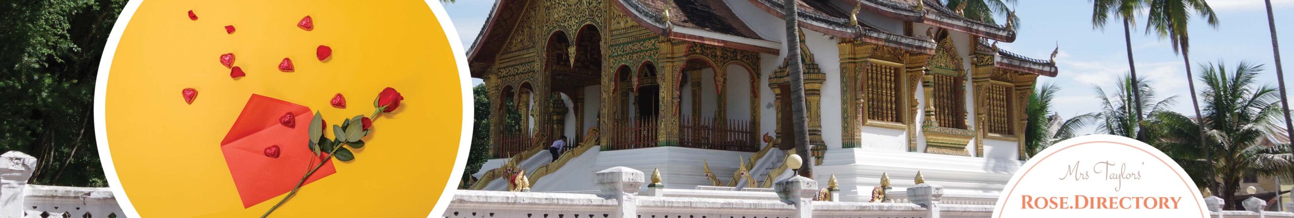 Buddhist temple in Laos and red rose with valentines letter