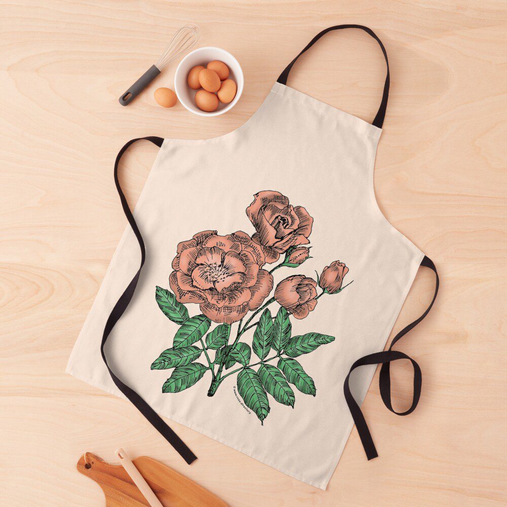 cupped semi-double apricot rose print on apron