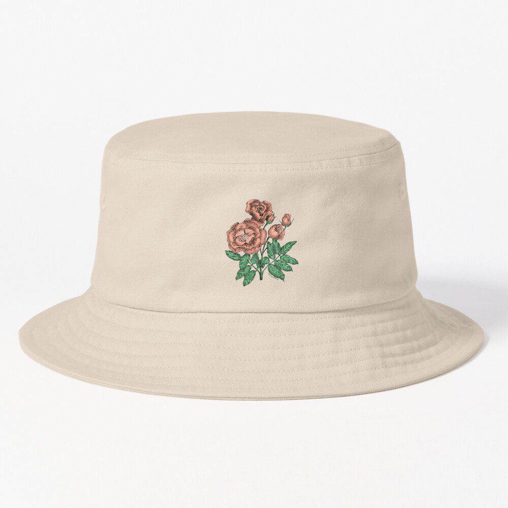 cupped semi-double apricot rose print on hat