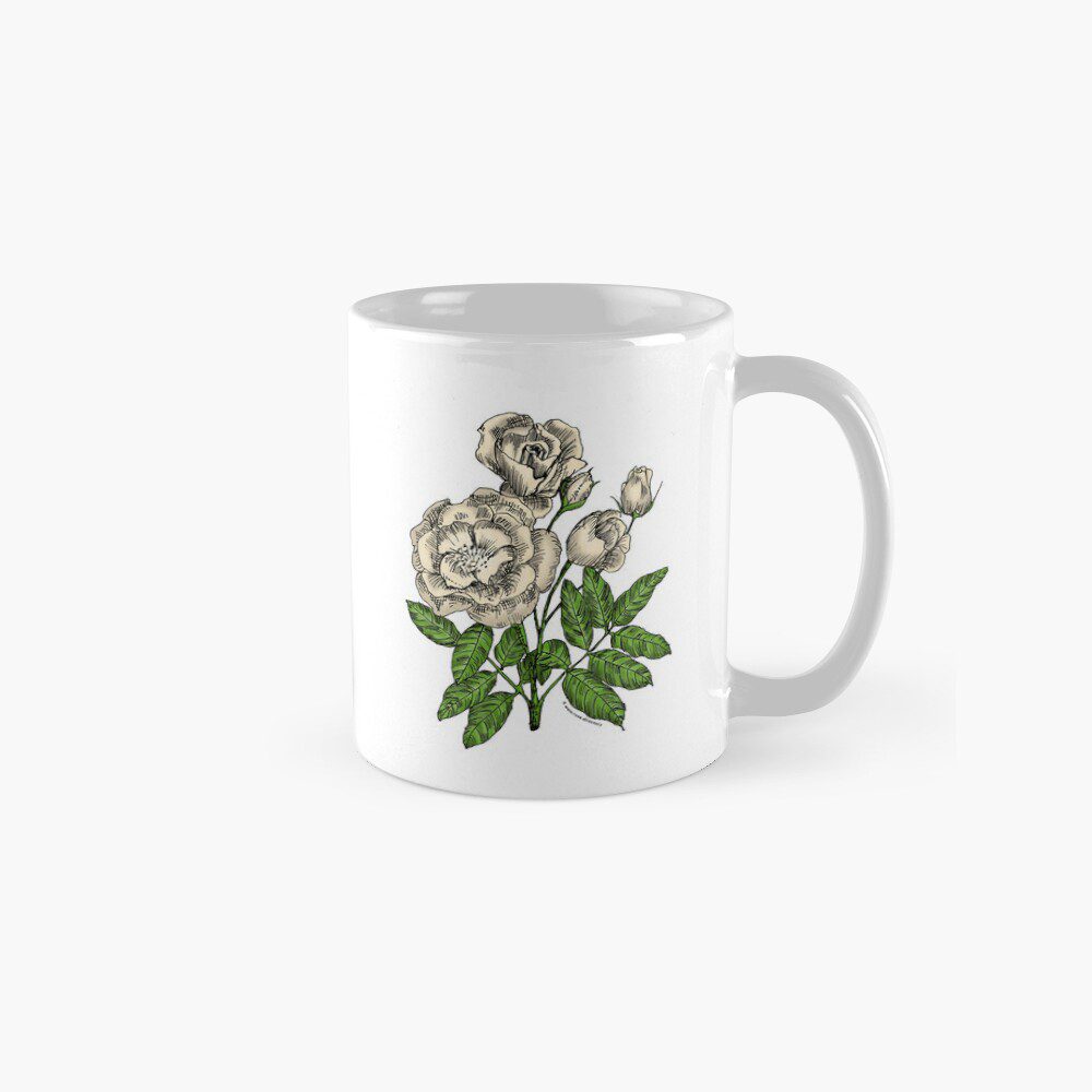 cupped semi-double cream rose print on mug