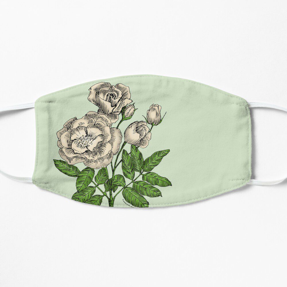 cupped semi-double cream rose print on flat mask