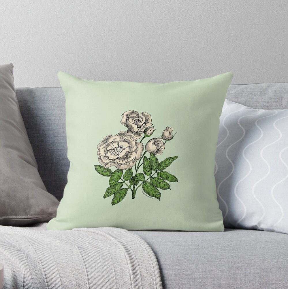 cupped semi-double cream rose print on throw pillow