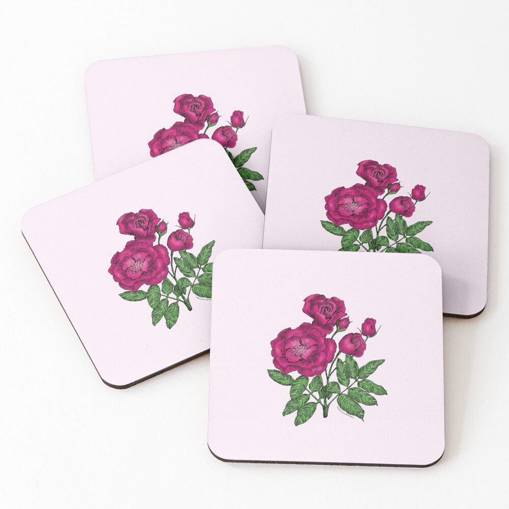 cupped semi-double deep pink rose print coaster set