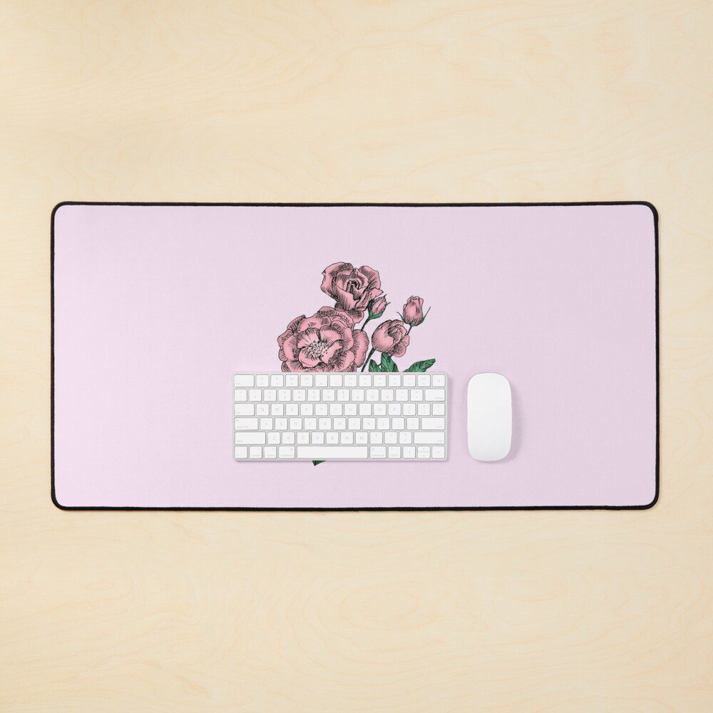 cupped semi-double light pink rose print desk mat
