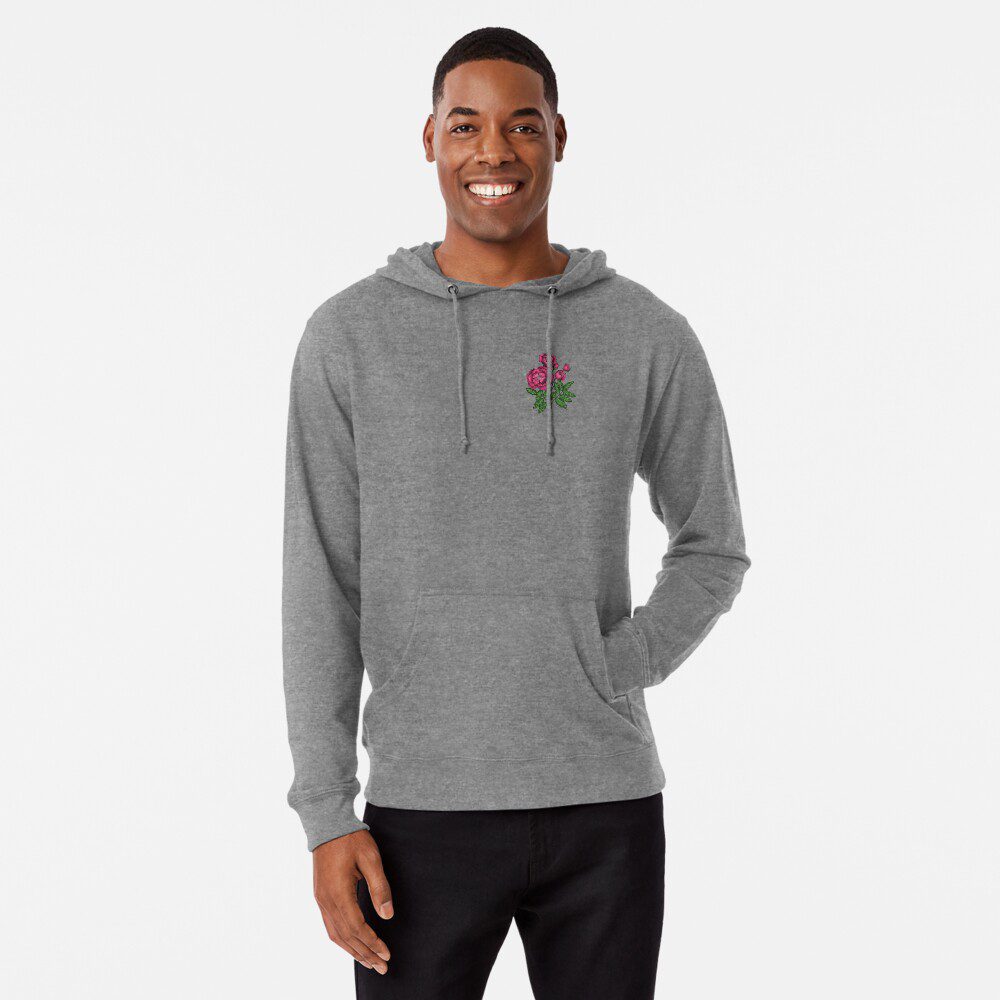 cupped semi-double mid pink rose print on gray lightweight hoodie