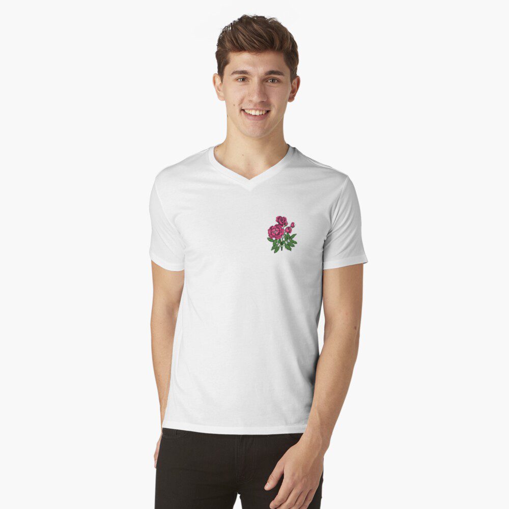 cupped semi-double mid pink rose print on v-neck t-shirt
