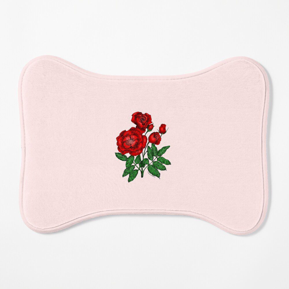 cupped semi-double bright red rose print on dog mat
