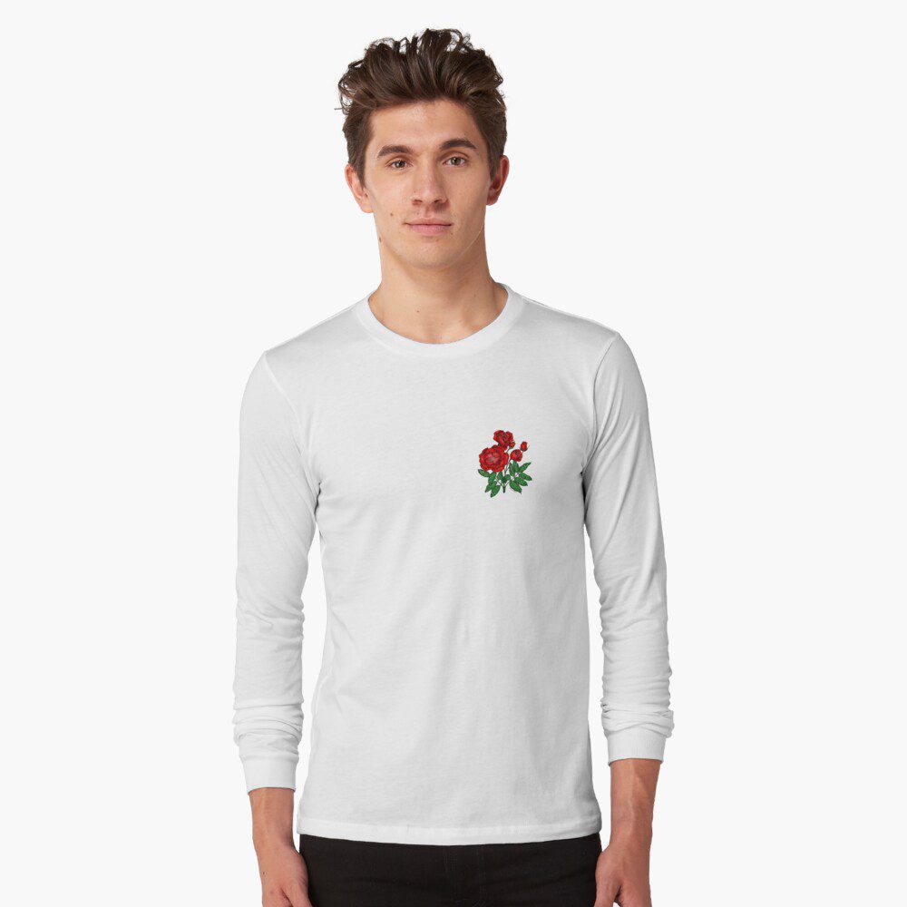 cupped semi-double bright red rose print on long sleeve t-shirt