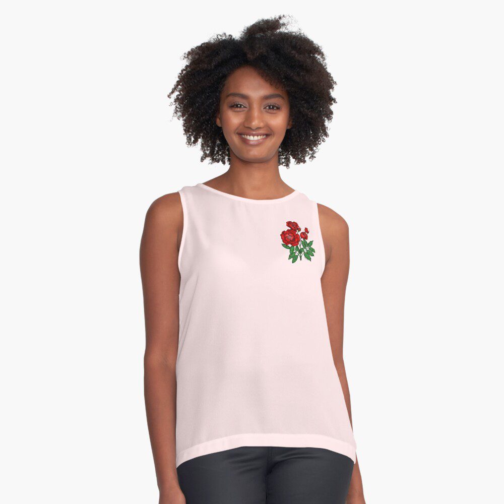 cupped semi-double bright red rose print on sleeveless top