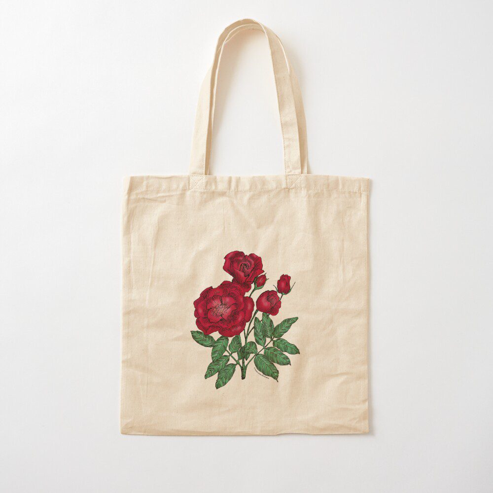 cupped semi-double dark red rose print on cotton tote bag