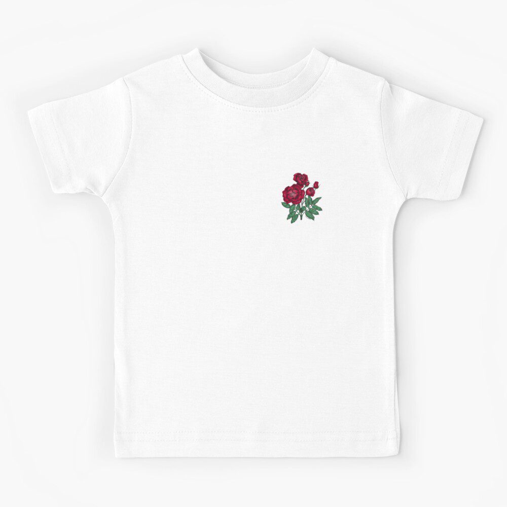 cupped semi-double dark red rose print on kids t-shirt