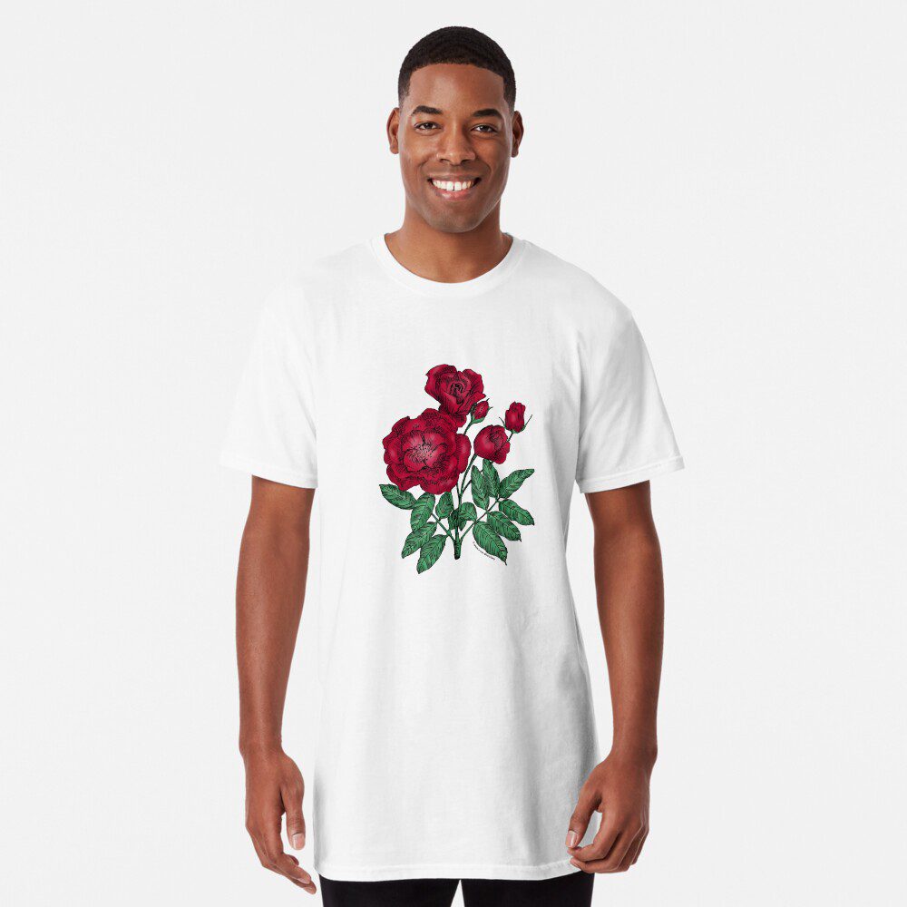 cupped semi-double dark red rose print on long t-shirt