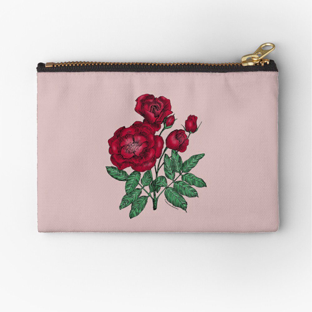 cupped semi-double dark red rose print on zipper pouch