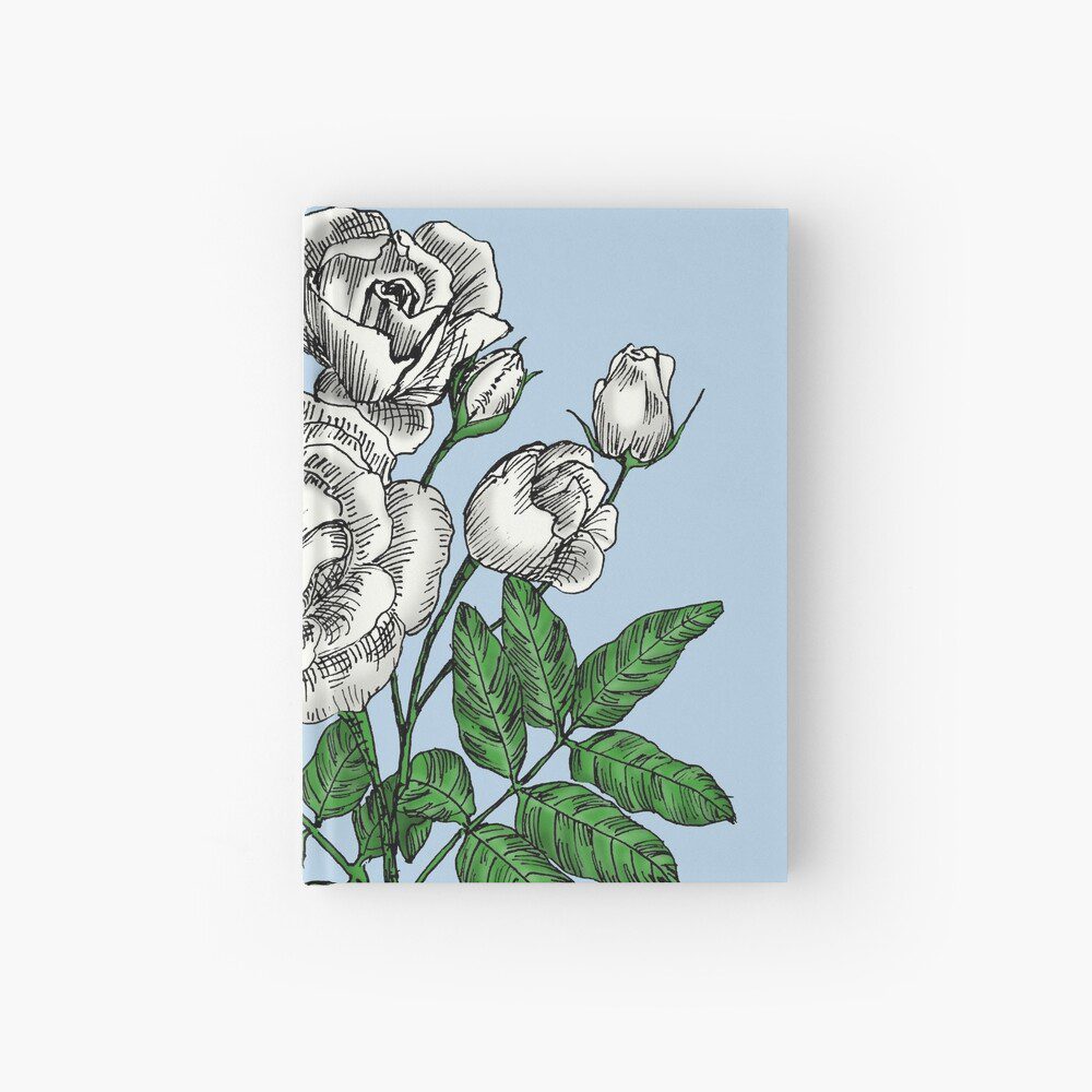 cupped semi-double white rose print on hardcover journal