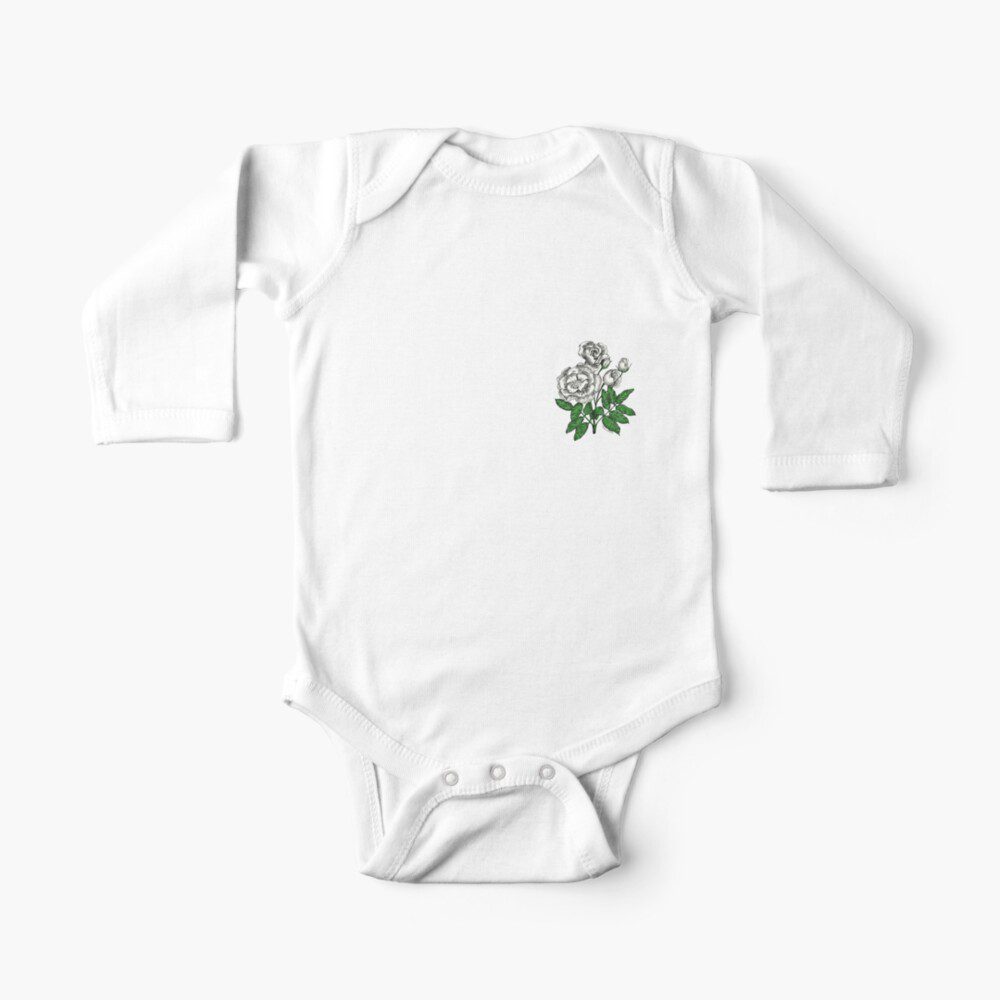cupped semi-double white rose print on long sleeve baby one-piece
