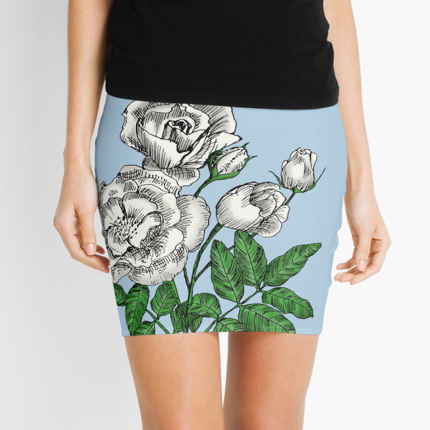cupped semi-double white rose print on mini skirt