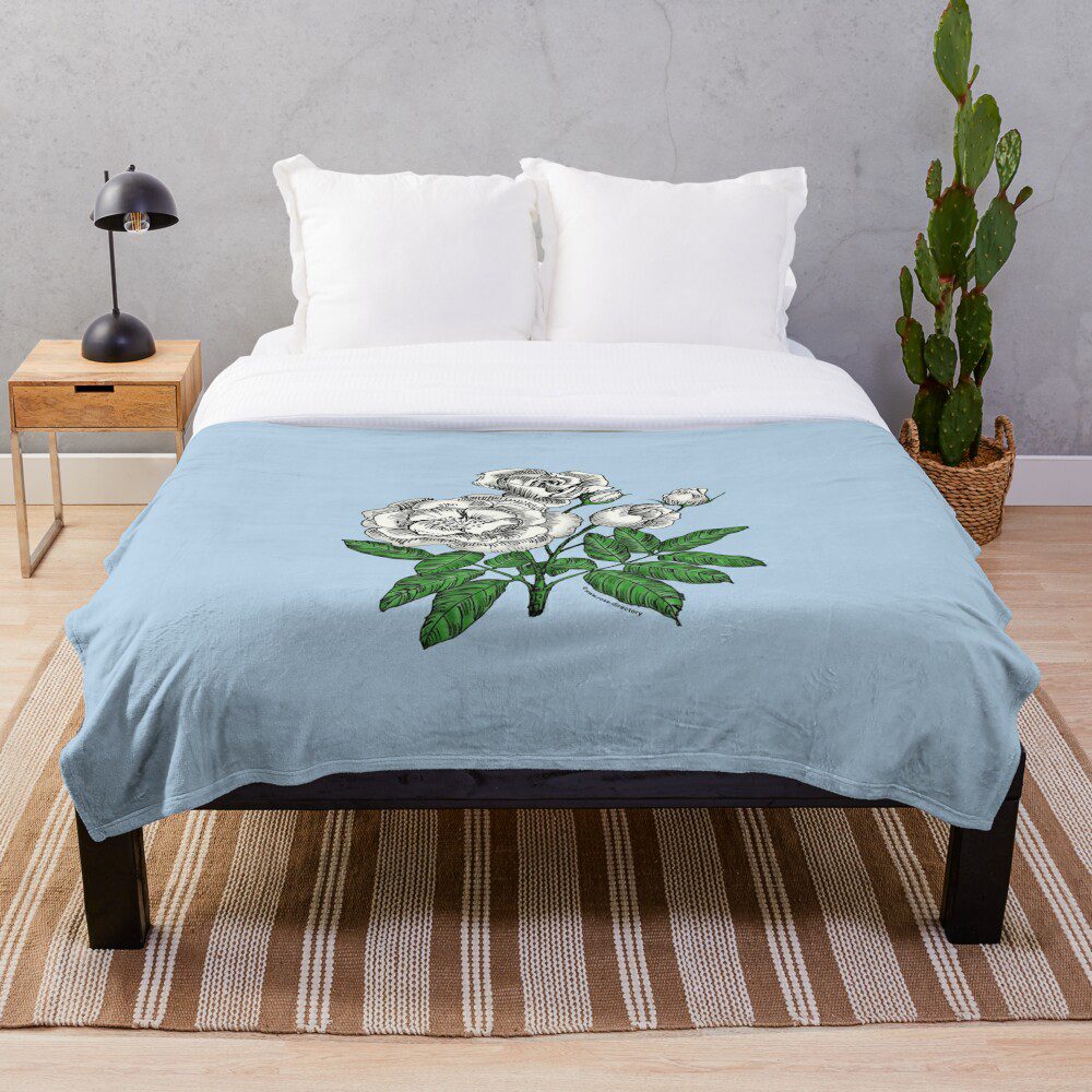cupped semi-double white rose print on throw blanket