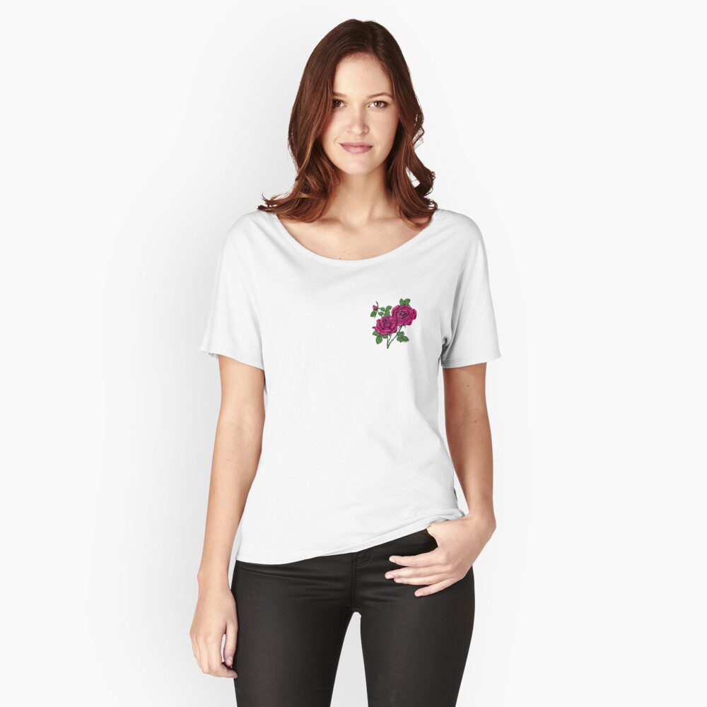 high-centered full deep pink rose print on relaxed fit T-shirt