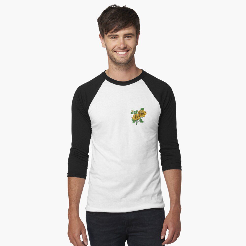 high-centered full yellow  rose print on baseball ¾ sleeve t-shirt