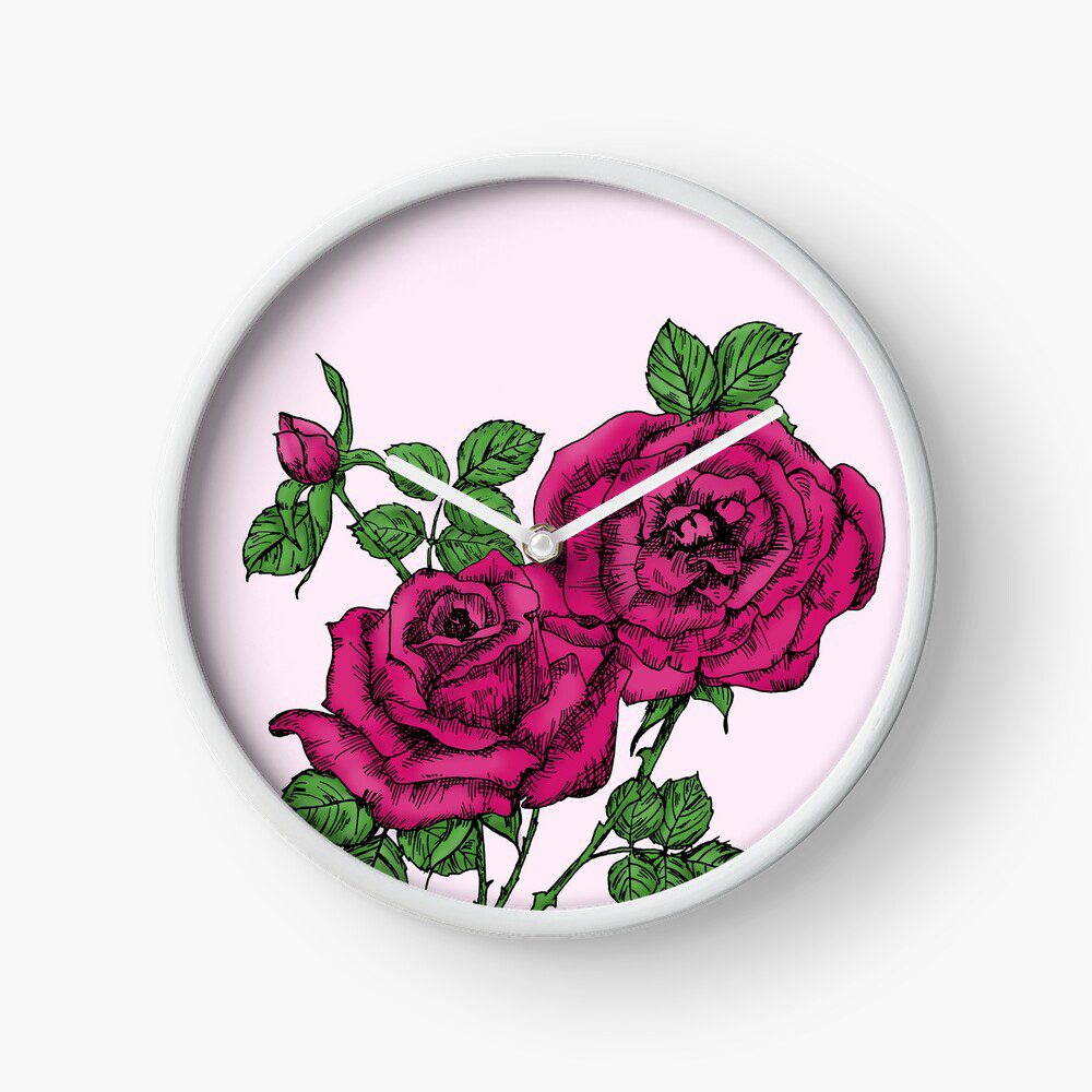 high-centered full deep pink rose print on clock