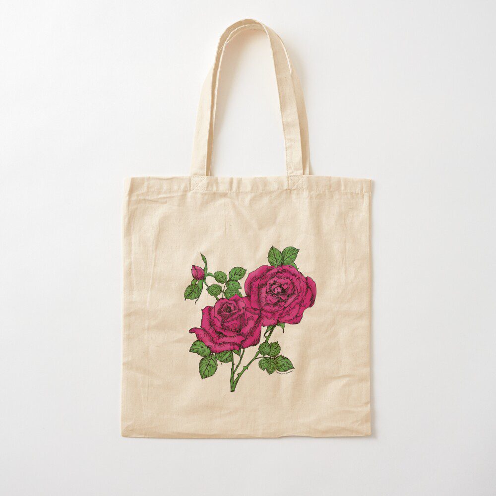 high-centered full deep pink rose print on cotton tote bag