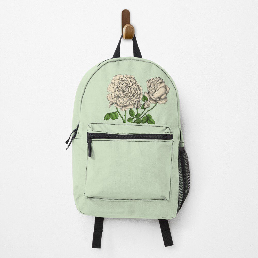 cupped very full cream rose print on backpack
