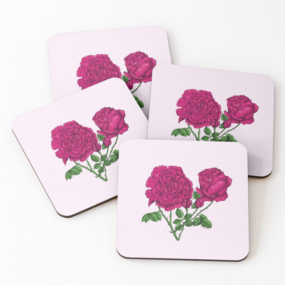 cupped very full deep pink rose print on coaster set