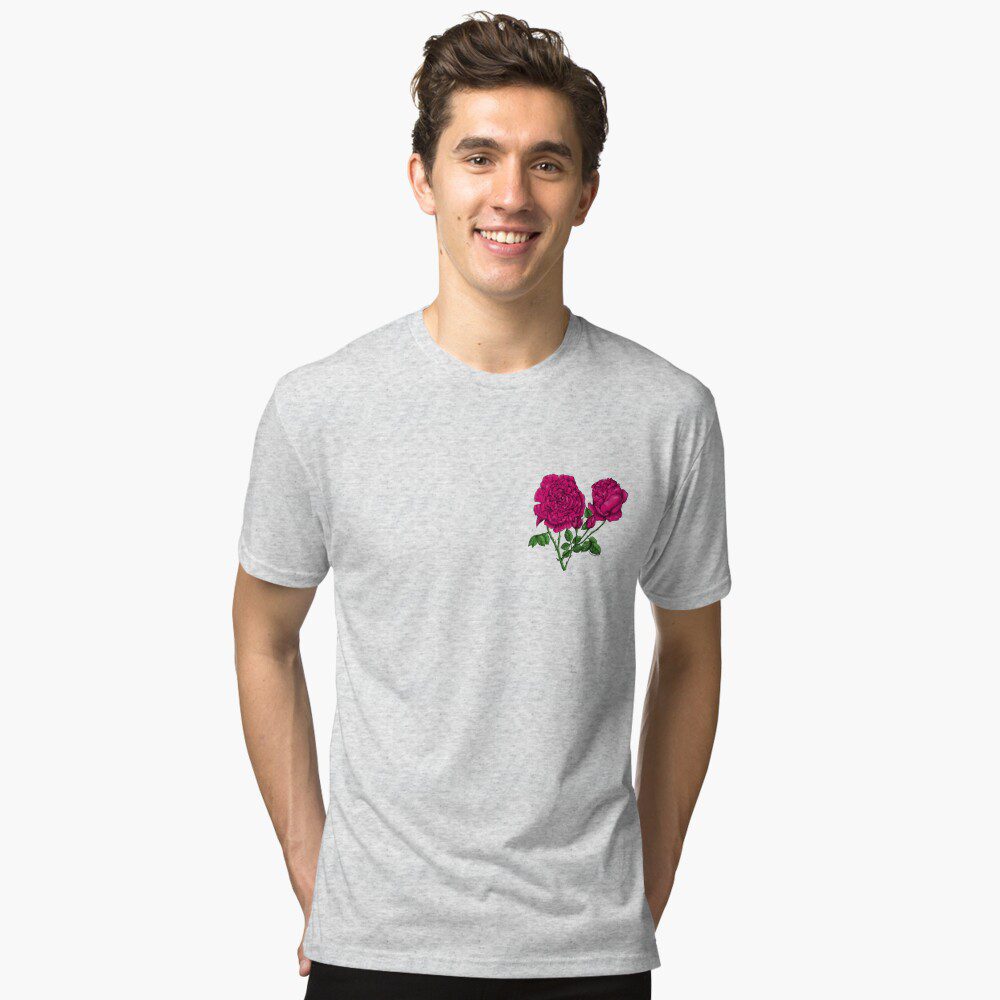 cupped very full deep pink rose print on tri-blend t-shirt