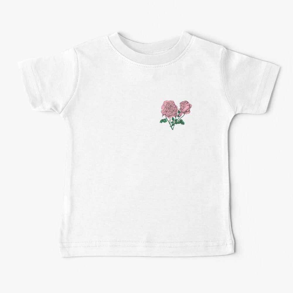 cupped very full light pink rose print on baby t-shirt
