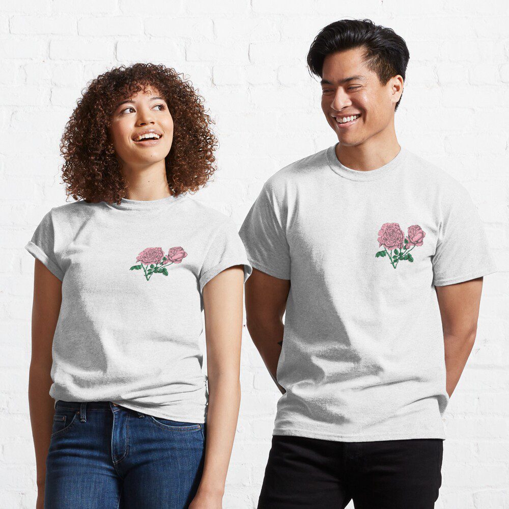 cupped very full light pink rose print on classic t-shirt