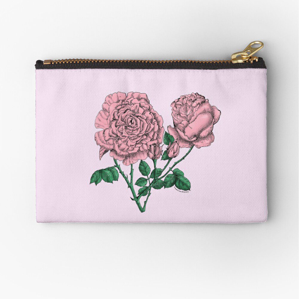 cupped very full light pink rose print on zipper pouch