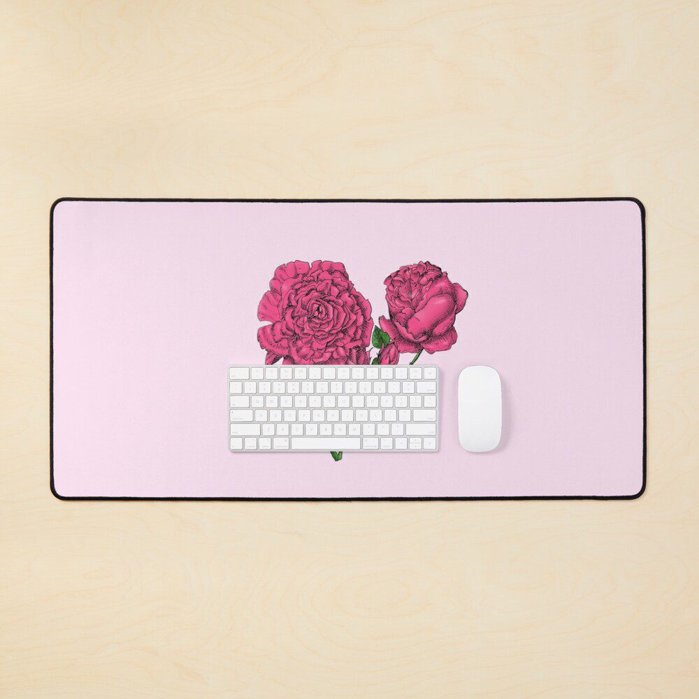 cupped very full mid pink rose print on desk mat