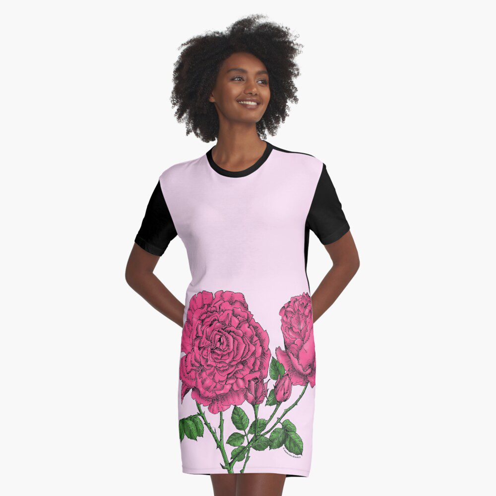 cupped very full mid pink rose print on graphic t-shirt dress