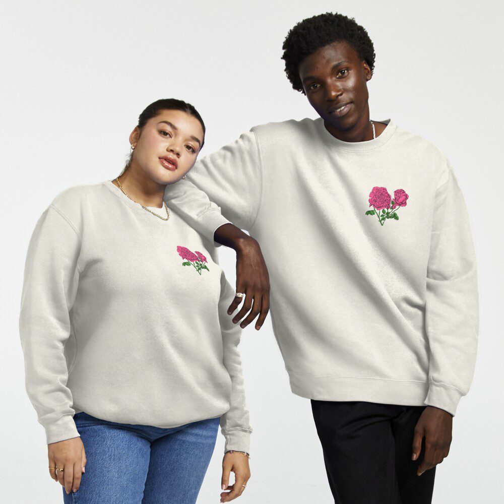 cupped very full mid pink rose print on pullover sweatshirt
