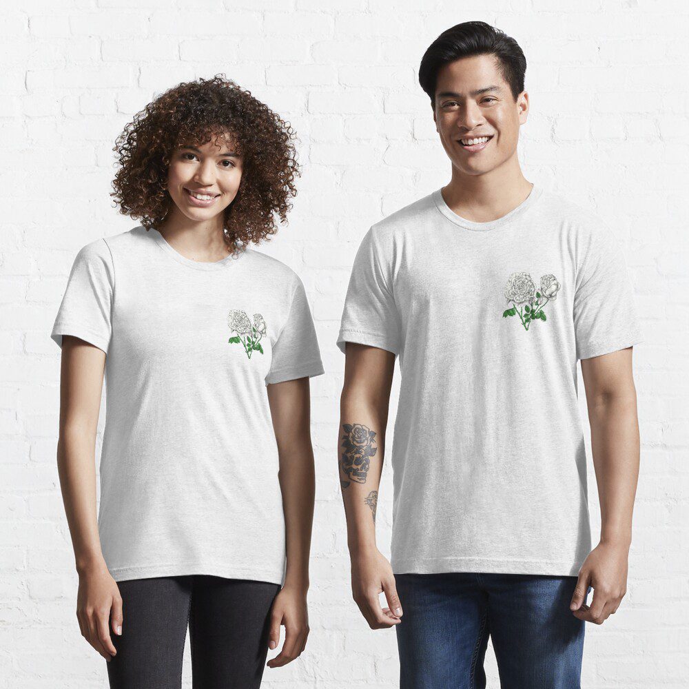cupped very full white rose print on essential t-shirt