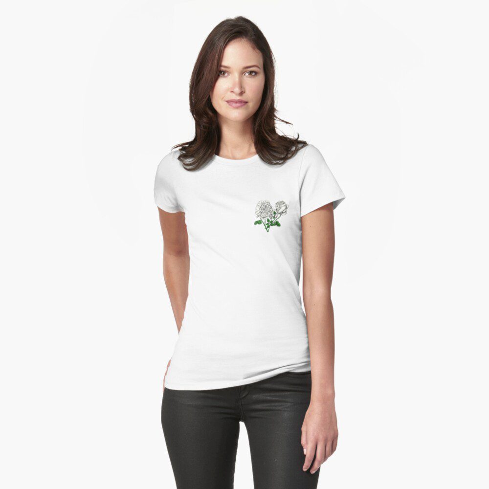 cupped very full white rose print on fitted t-shirt