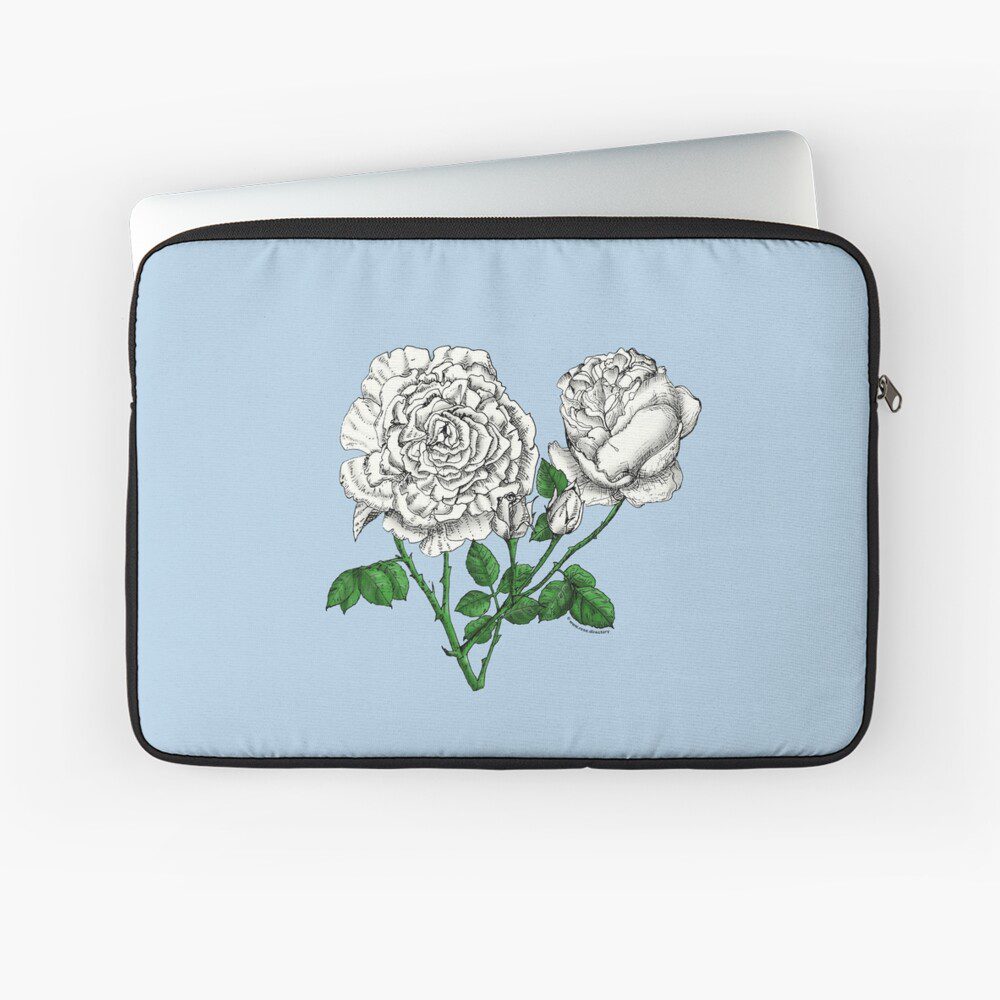 cupped very full white rose print on laptop sleeve