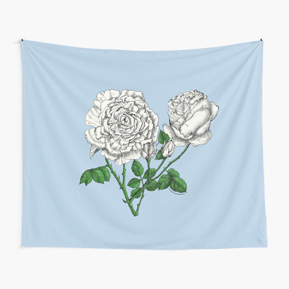 cupped very full white rose print on tapestry
