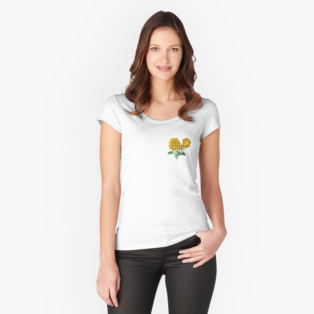 cupped very full yellow rose print on fitted scoop t-shirt