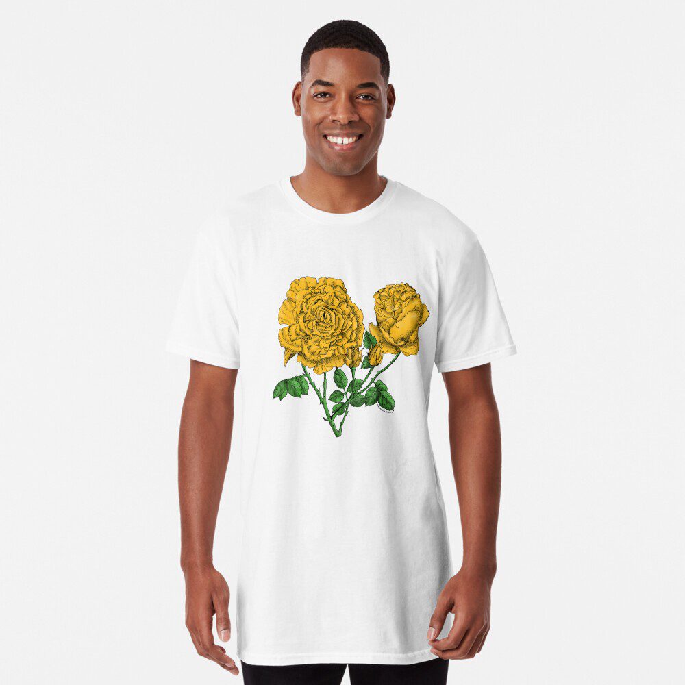 cupped very full yellow rose print on long t-shirt