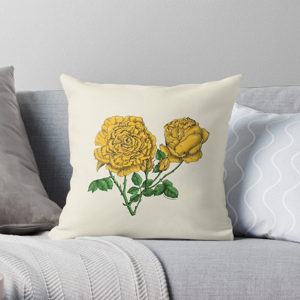 cupped very full yellow rose print on throw pillow