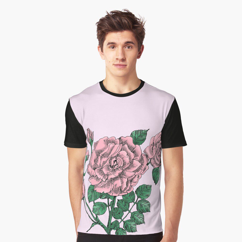 flat double light pink rose print on graphic t-shirt