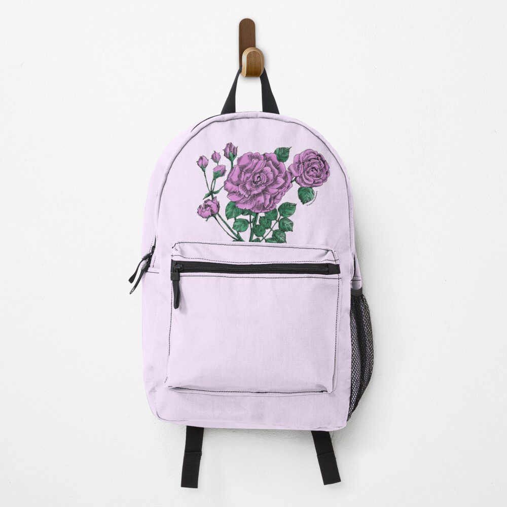 flat double purple rose print on backpack