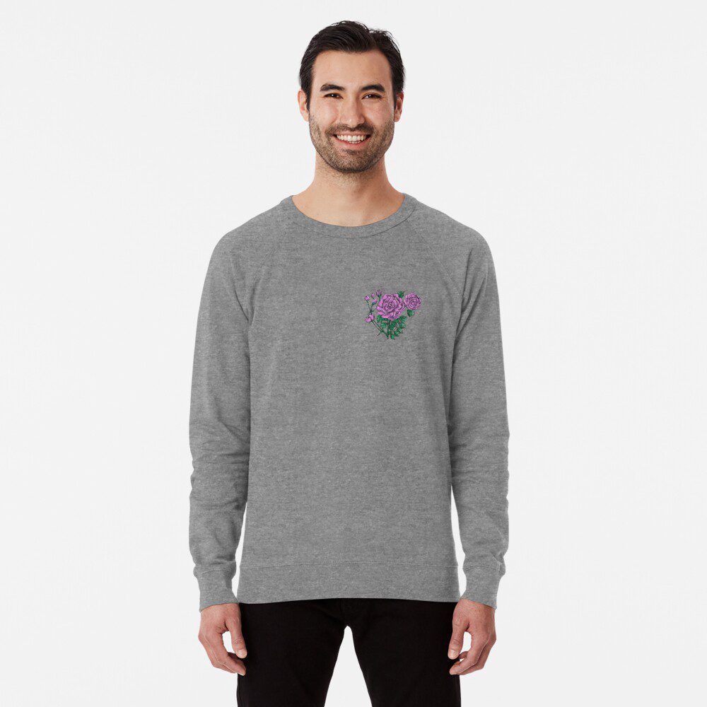 flat double purple rose print on lightweight sweatshirt