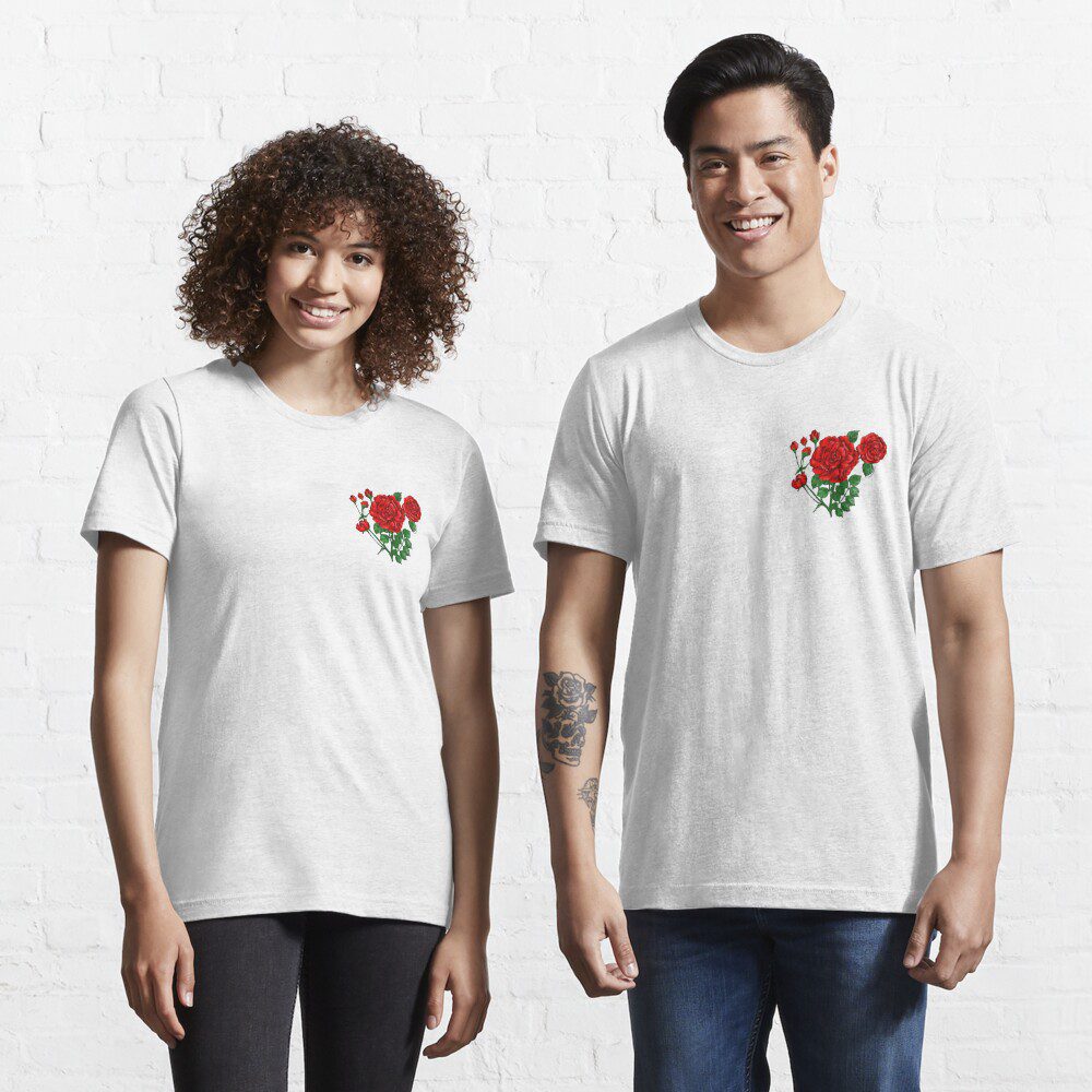 flat double bright red rose print on essential t-shirt