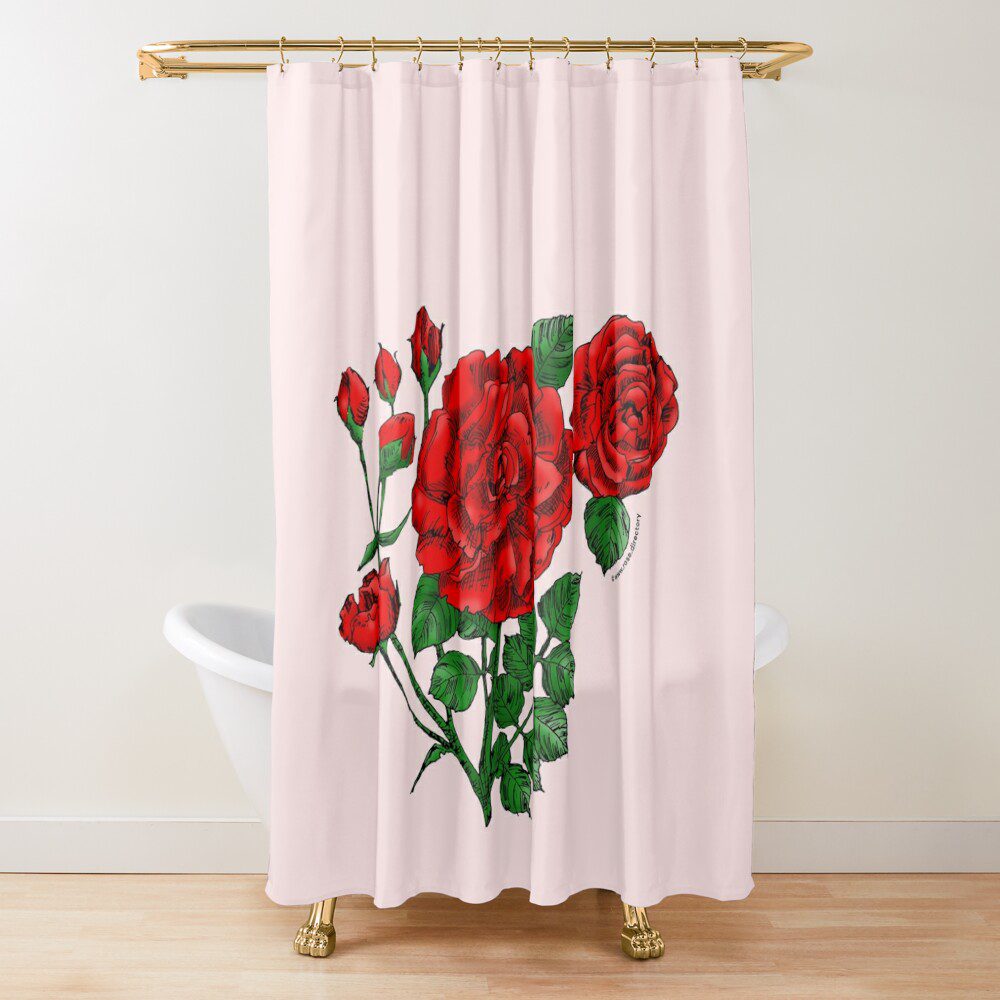 flat double bright red rose print on shower curtain