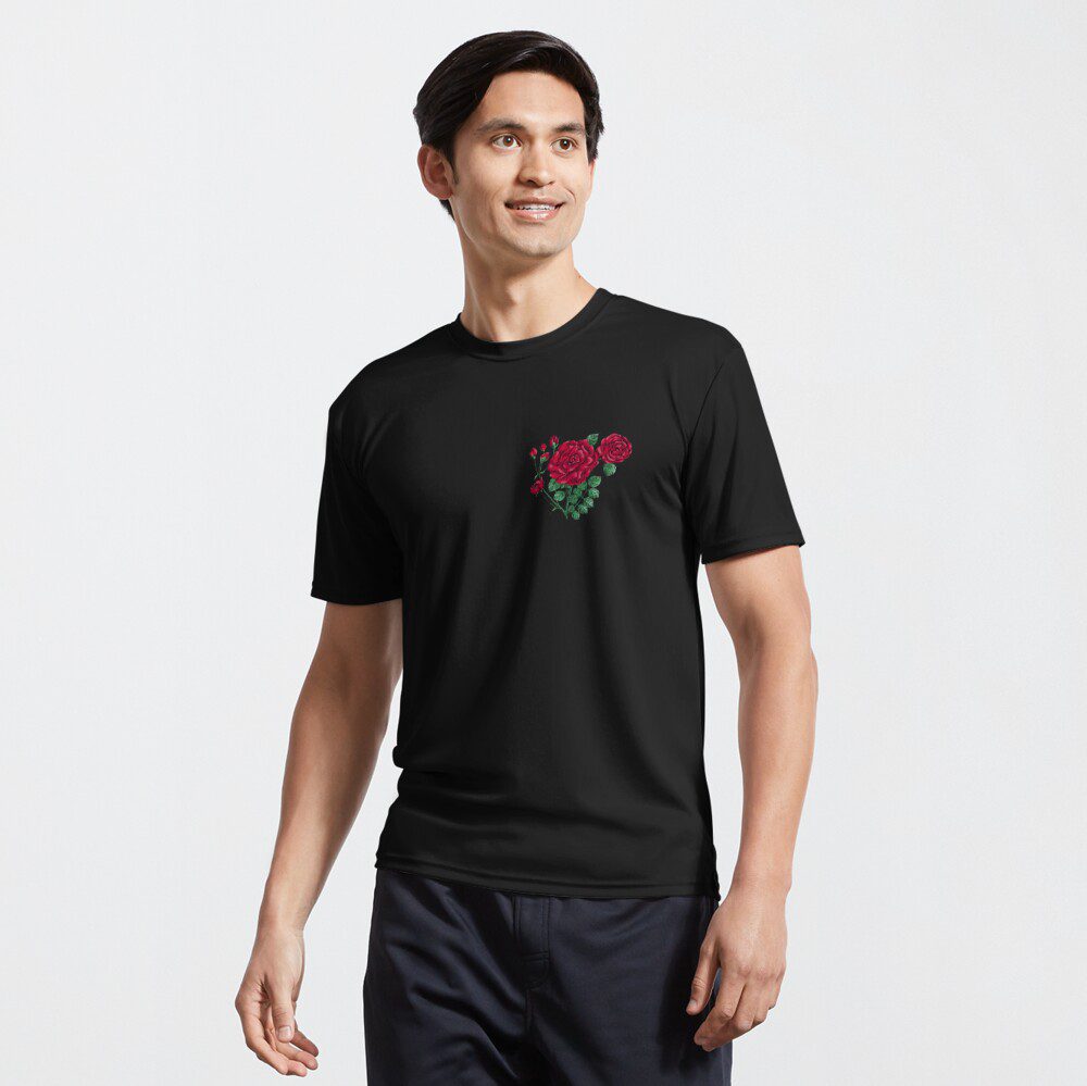 flat double dark red rose print on active t-shirt
