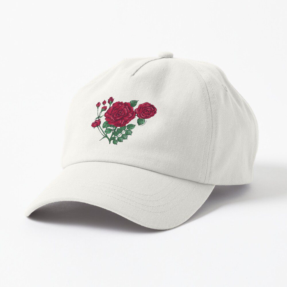 flat double dark red rose print on dad hat