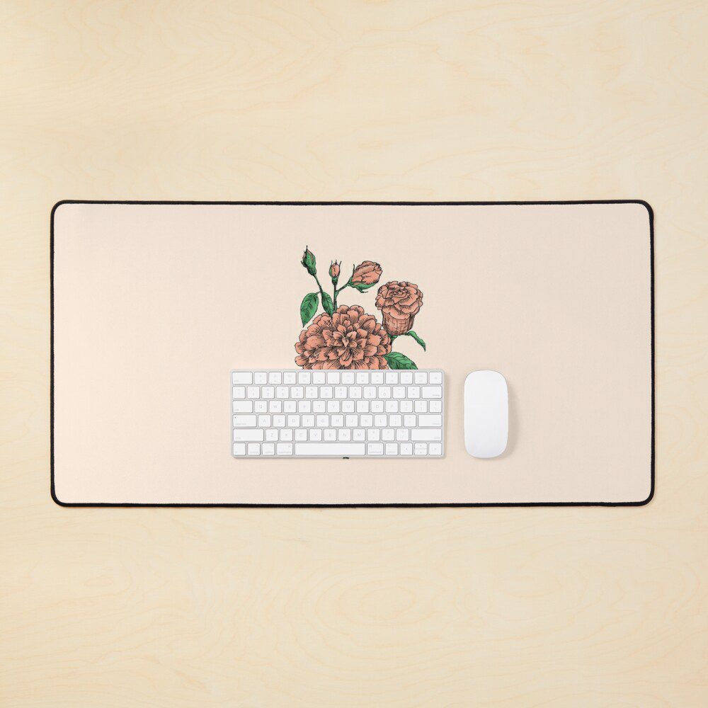 flat full apricot rose print on desk mat