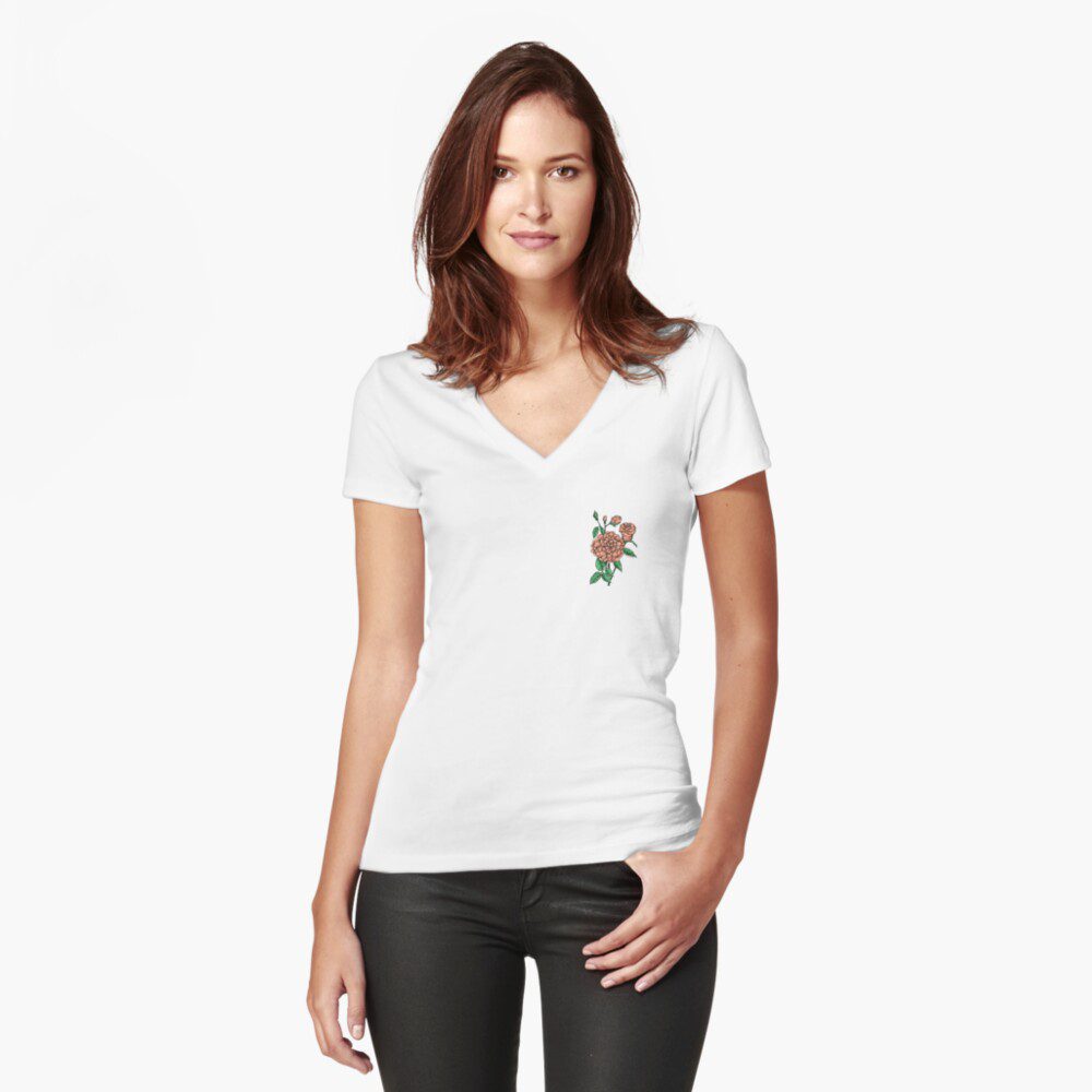 flat full apricot rose print on fitted v-neck t-shirt